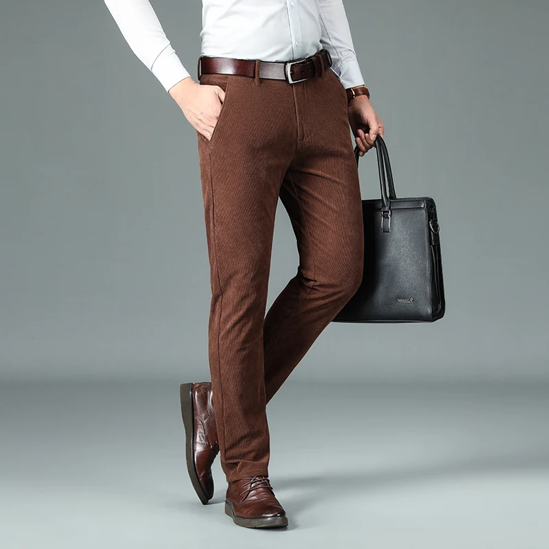 2026 New Spring and Autumn Corduroy Pants Men Business Fashion Slim Fit Stretch Gray Khaki Fluff Casual Trousers Male