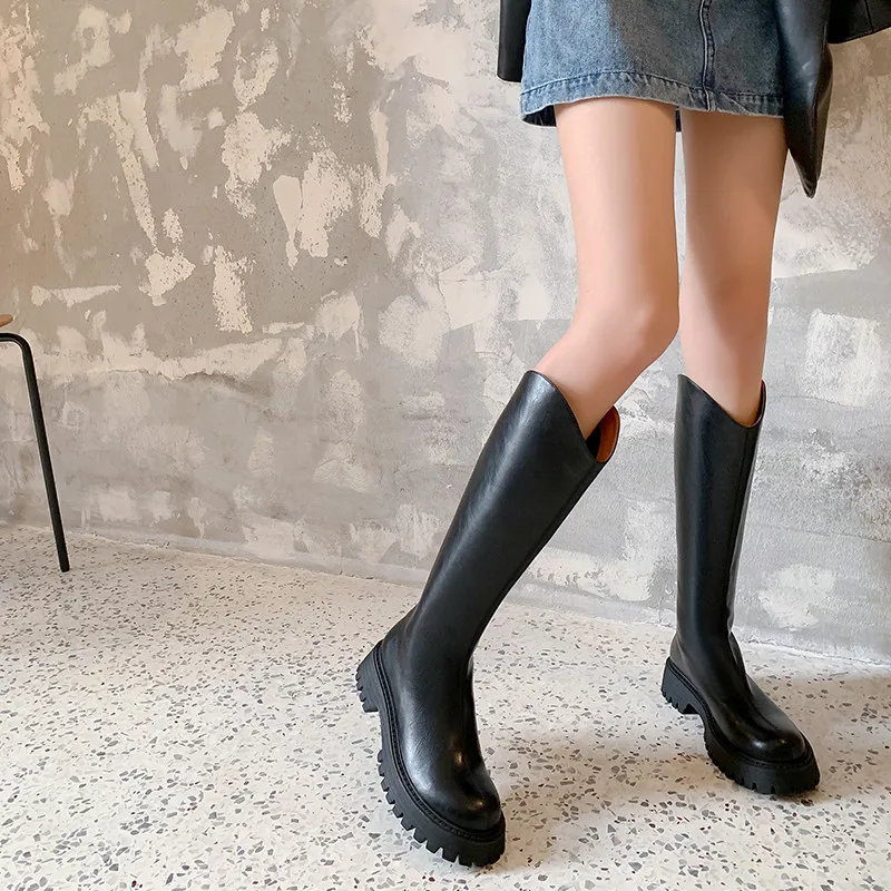 FEDONAS Genuine Leather Women Platforms Knee High Boots Autumn Winter Concise Thick Heels Casual Fashion Long Boots Shoes Woman