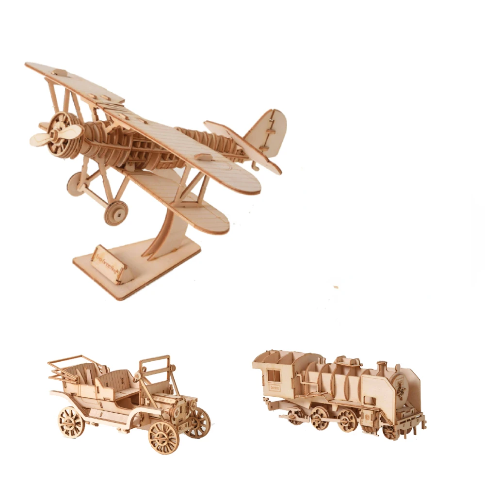 3D Wooden Puzzles Toys Assembly Build Blocks Wood Craft Kits for Jiagsaw Models DIY Classic Plane Car Ship Train