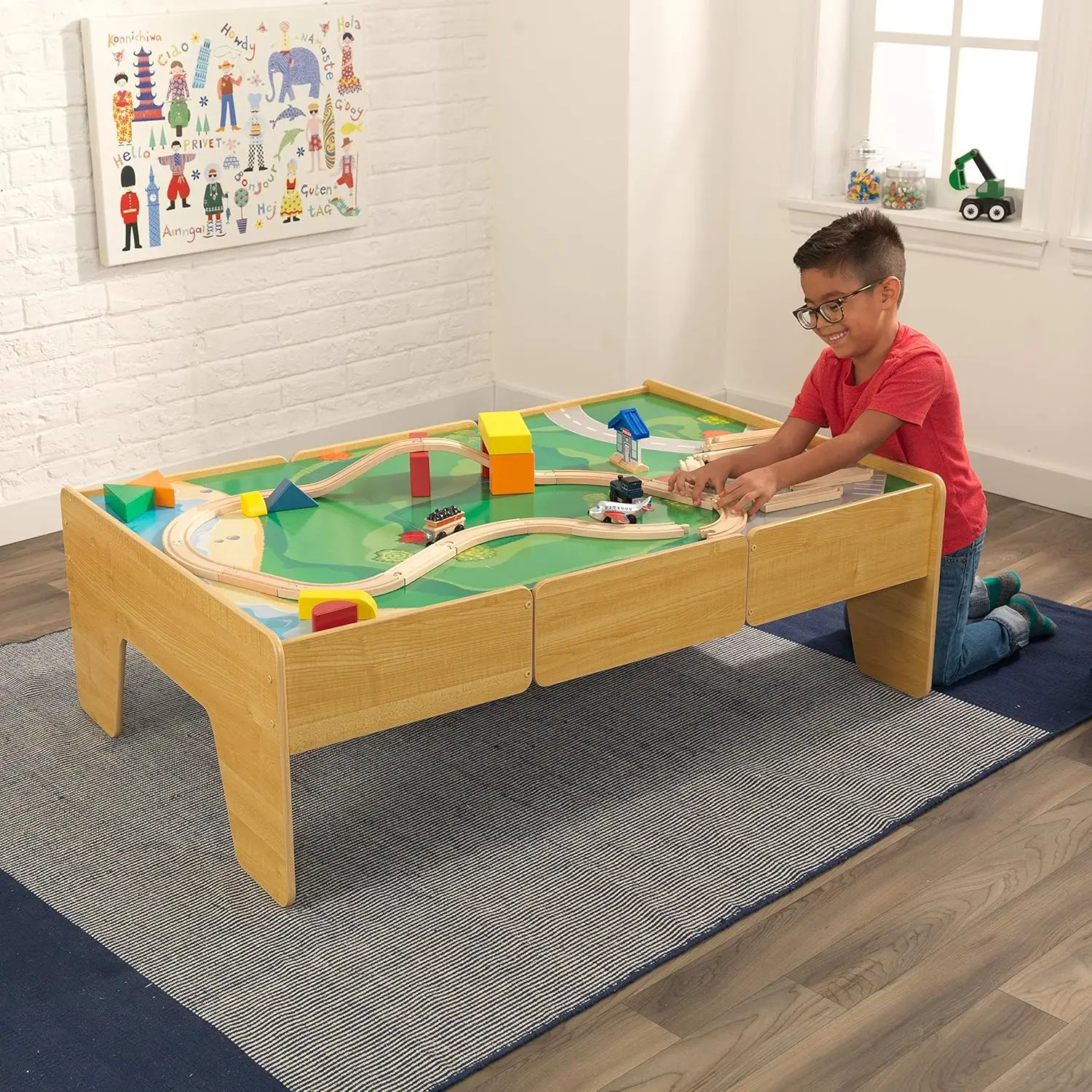 Double-Sided Wooden Train and Activity Table with Built-in Storage Drawer, Natural, Gift for Ages 3+