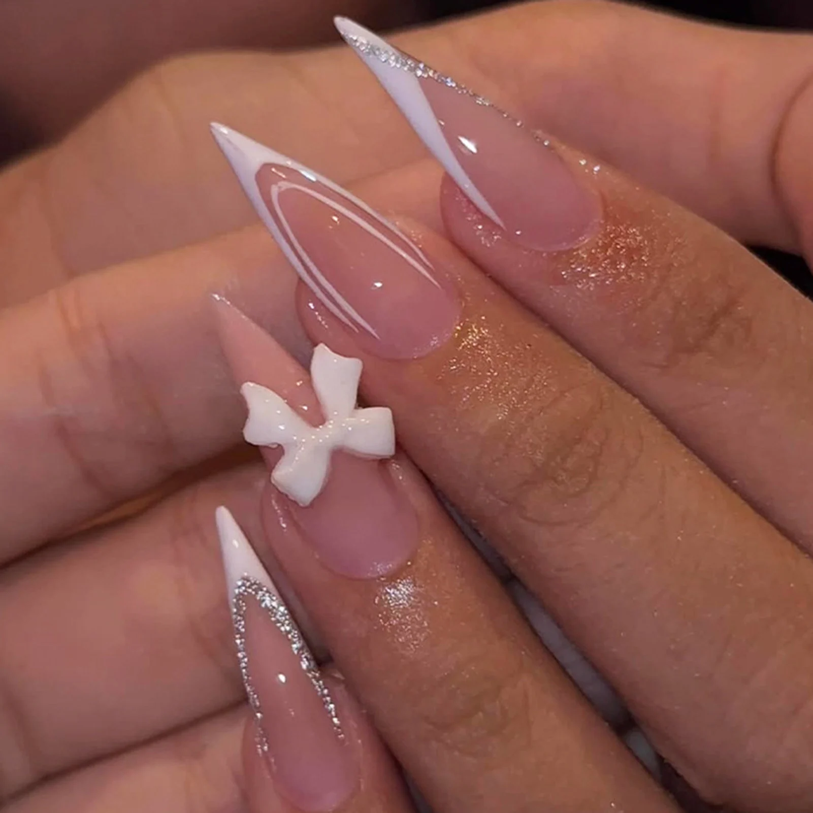 

Pink Long Stiletto False Nails Patches for Spicy Girls White French Press On Nails 3D Bowknot Decor Women Daily Charm Manicure