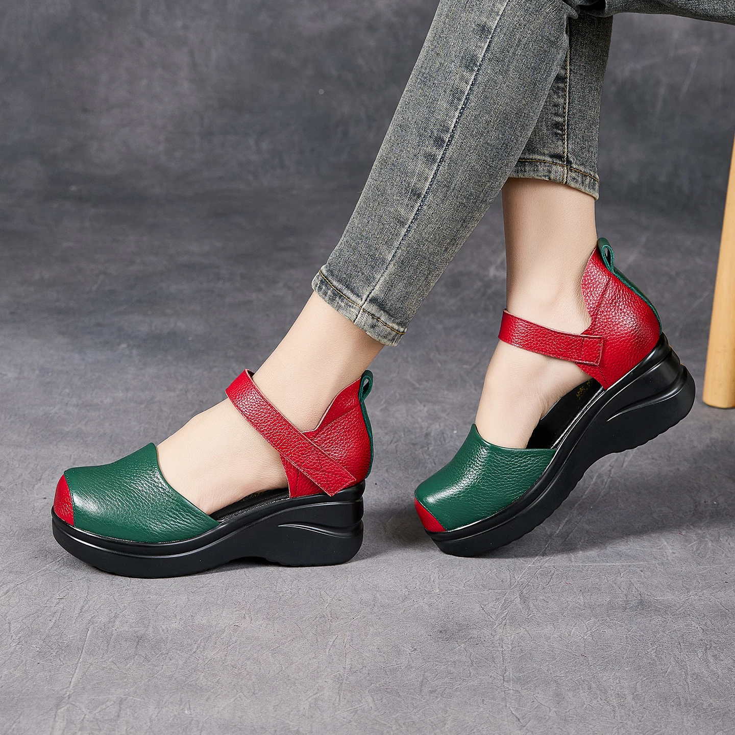 

Birkuir Retro Mixed Colors Wedges Sandals For Women 5cm Thick Heel Hook Loop Closed Toe Pumps Genuine Leather Casual Shoes