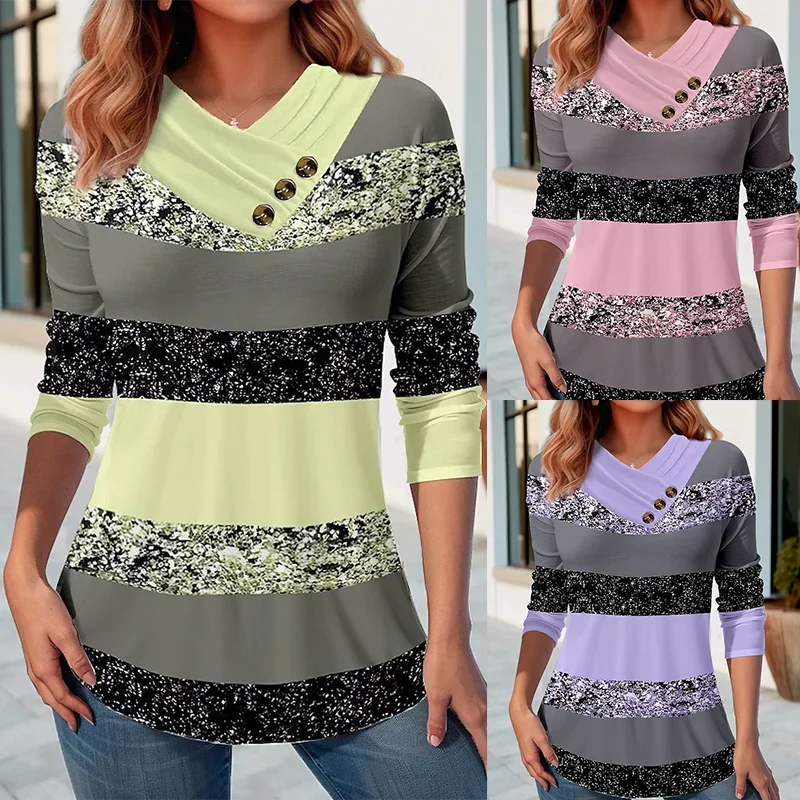 Frühling Frauen Top lässig Patchwork schrägen Kragen Knopf neue Mode Langarm T-Shirt 3d gedruckt weibliche T-Shirt für den Sommer