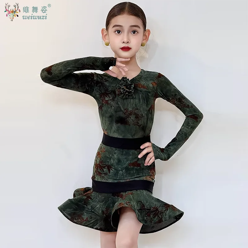 

Children Latin Dress Girls Practice Costume Stage Perfermance Dancing Clothing Long Sleeve Green Flower Fancy Elegent Dress Slim