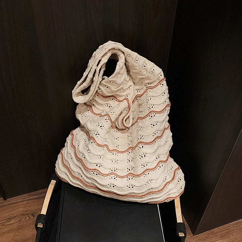 Bohemian Strick-Tragetasche mit Großer Kapazität, Häkeldesign, Gewebte Schultertasche mit Streifenmuster, Umweltfreundliche Durchbrochene Strandtasche