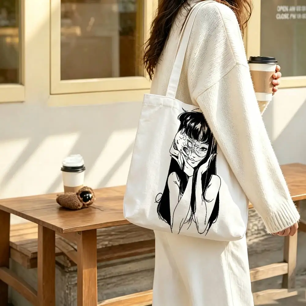 Junji Ito Horror Comics Print Canvas Tote Bag Handbag For Daily School Commute Casual Shoulder Bag