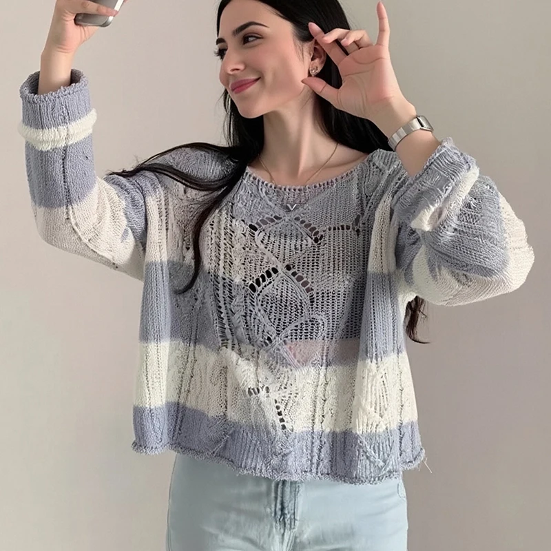 

Korean Retro Long Sleeve Striped Sunscreen Shirt 2025 Spring/Summer Women's Knitted Top Fashion Casual Loose Knit Pullover