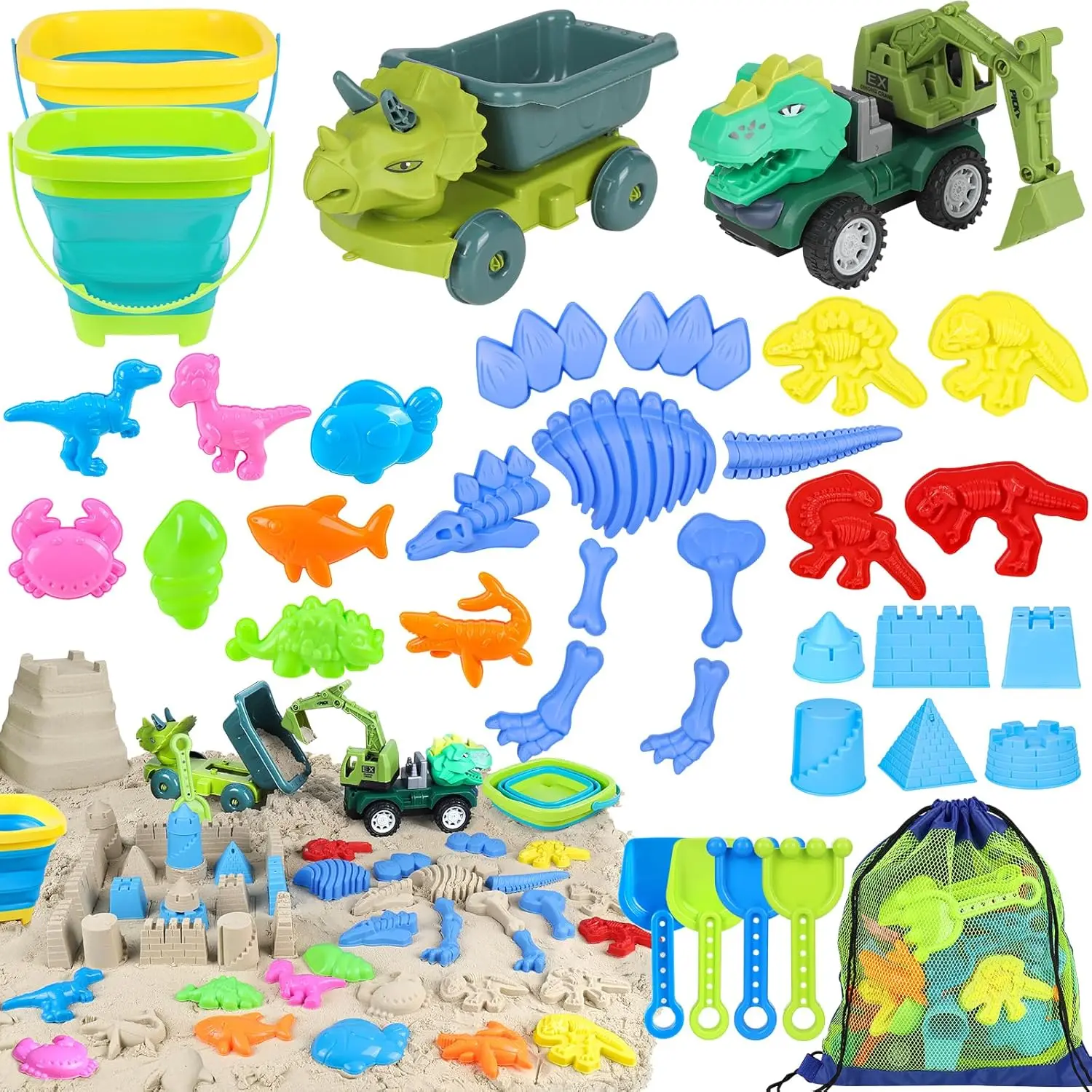 Beach Sand Toys Sandbox Toys with 2 Dinosaur Dump Truck Collapsible Bucket Molds Mesh Bag Sand Castle Play Set for Kids Outdoor