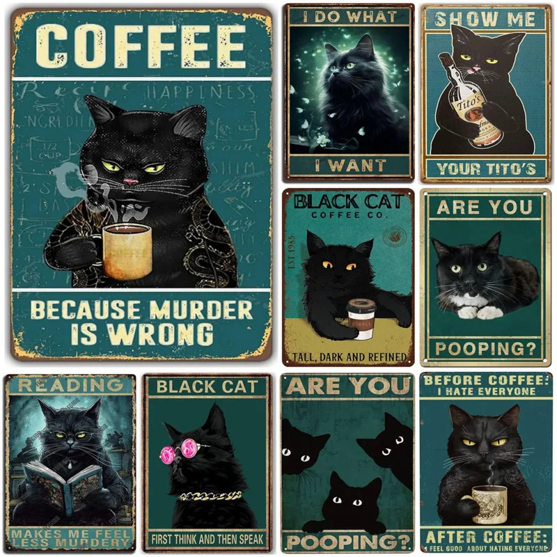 

Забавный кофейный бар Оловянная вывеска винтажный Кот Настенный декор ретро металлические знаки черный Декор для дома бара плакат