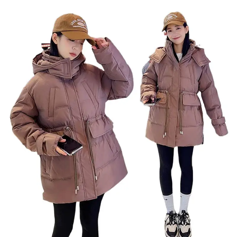 

Winter New Women Stand Collar Hooded Down Jackets High Quality Simplicity Solid Thick Waist Drawstring Windproof Ladies Overcoat