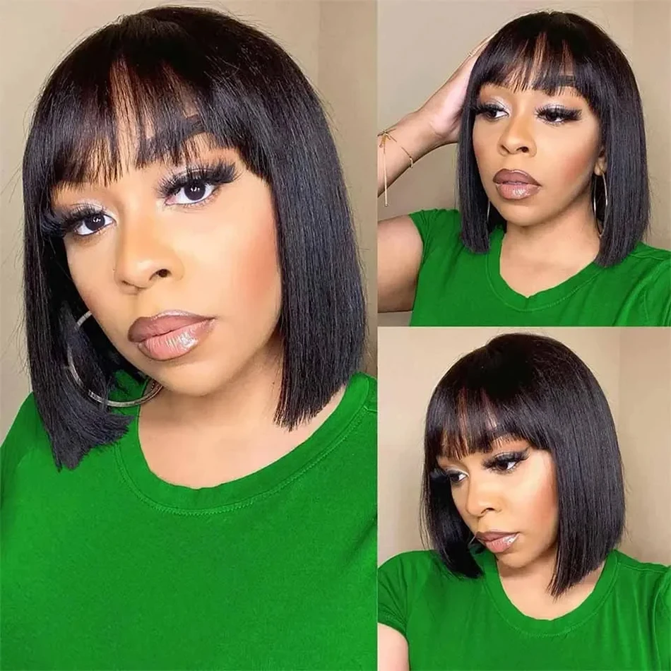 Short Bob Wigs With Bangs Bone Straight Lace Front Human Hair Wigs Brazilia Remy Full Machine Made Wig for Women Human Bob Wig