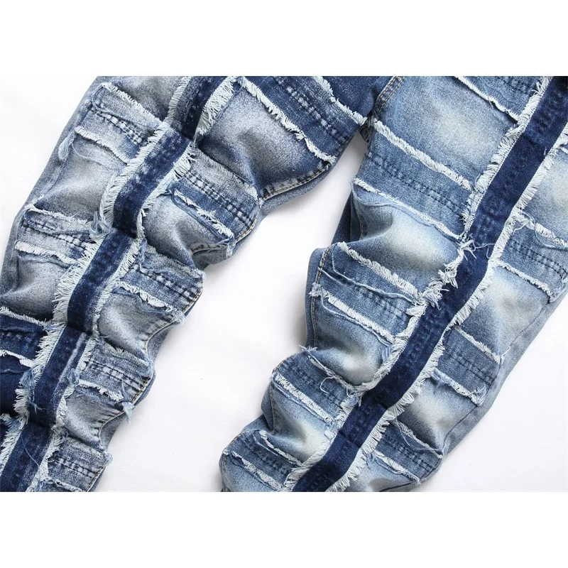 Patchwork skinny jeans men's motorcycle style fashion street slim fit nostalgic retro design blue punk trousers