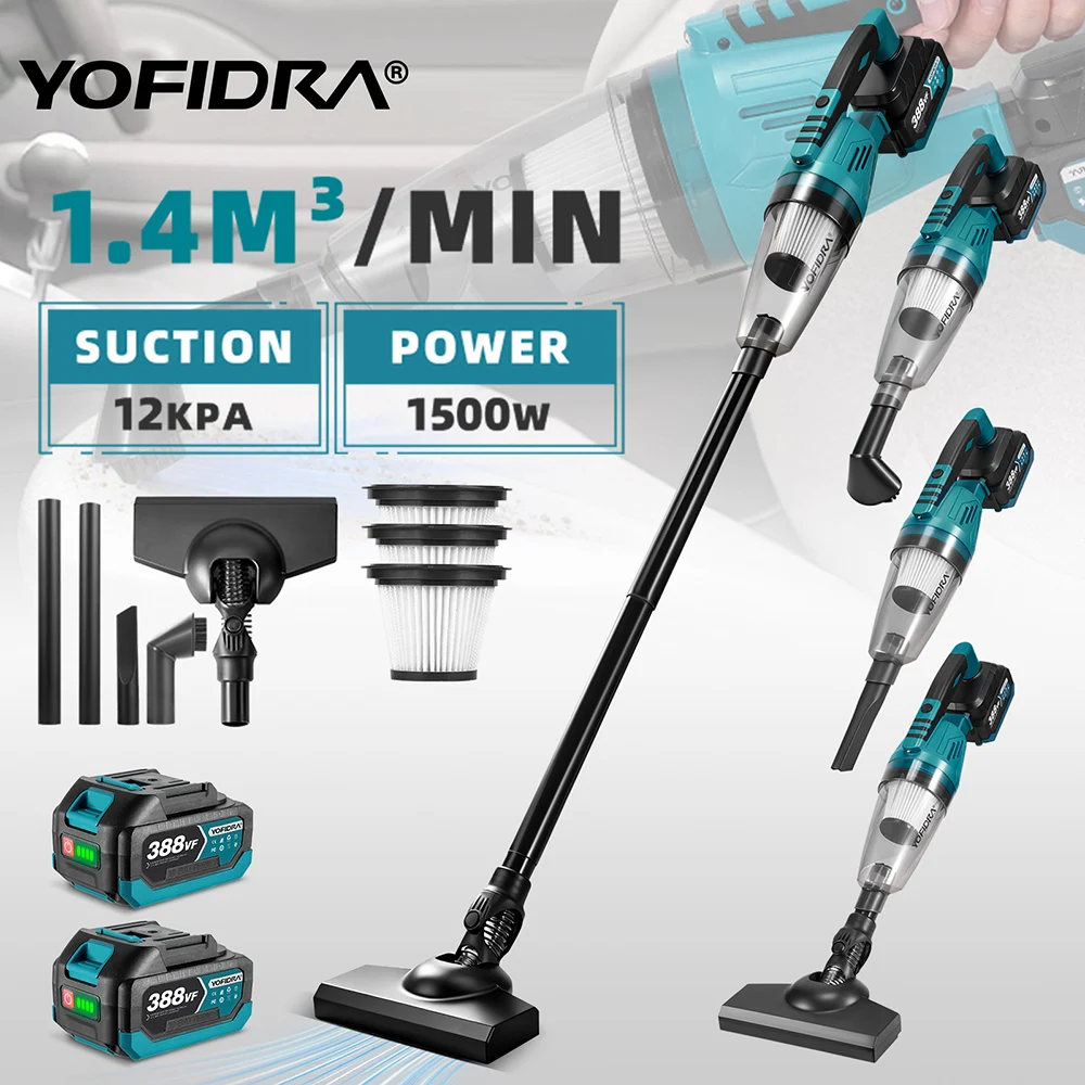 YOFIDRA 1500W 12KPA Elektrischer Kabelloser Staubsauger Tragbares 2-in-1 Haushalts- und Auto-Reinigungsgerät für Makita 18V Akku