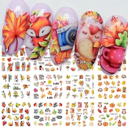 Autumn Fox Maples Nails Stickers Fall Season Leaves Cute Owls Hedgehog Water Decals Nail Charming Sliders Decoration BN2365-2376