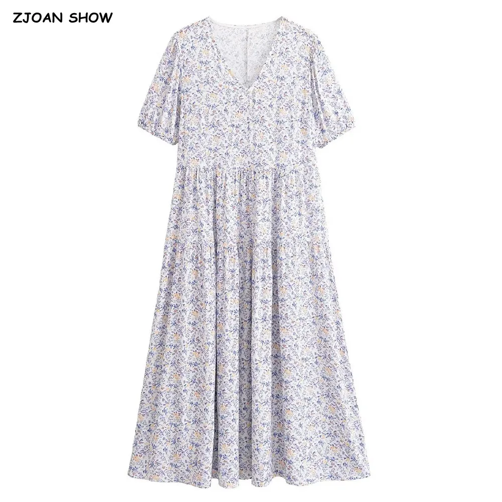 2025 BOHO V neck Floral Print Puff Sleeve Dress Woman High Waist Spliced Ruched Pleated Swing Hem Midi Long Dresses Robe Holiday