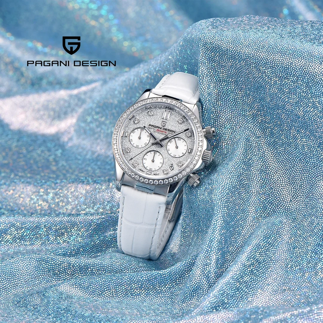 PAGANI DESIGN PD-1730 ساعات نسائية 36 ملم كرونوغراف كوارتز ستانلس ستيل مقاوم للماء ساعة معصم للنساء حزام ساعة جلد