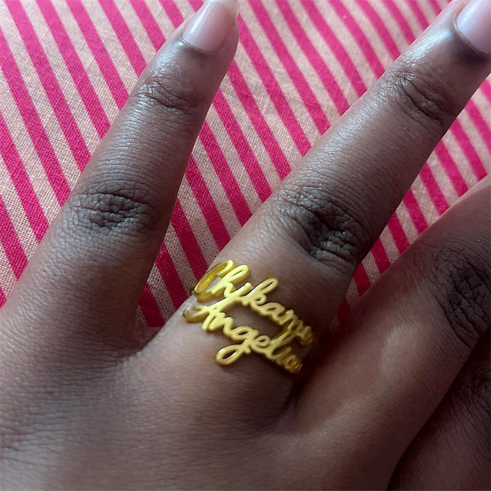 Best Friend Double Name Ring Custom Couple Jewelry Personalized Two Names Rings Women Adjustable Family Multiple Name Aros Mujer