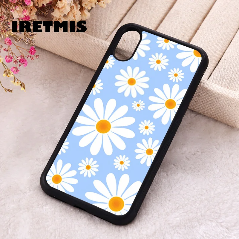 Iretmis Phone Cover Case For iPhone X XS Max XR 11 12 13 PRO MINI 14 15 16 Plus Rubber Silicone Daisy Flower Blue