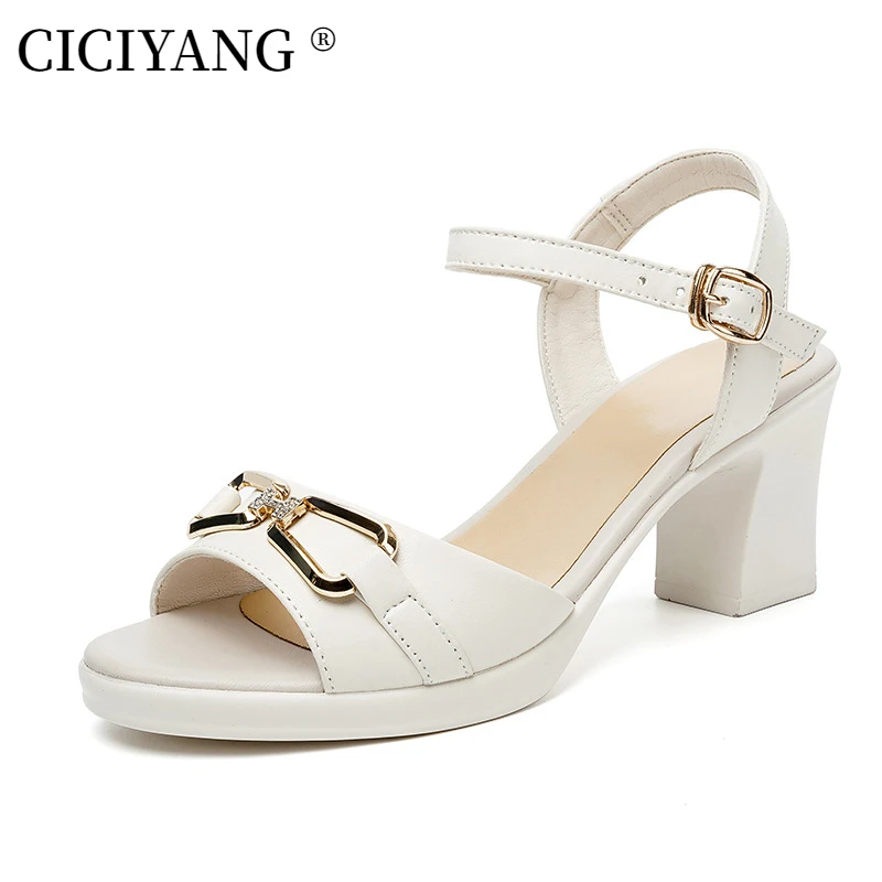 

CICIYANG Summer Women Sandals 2024 Classic Genuine Leather High Heels Office Ladies Party Casual Open Toe Shoes Plus Size 42 43