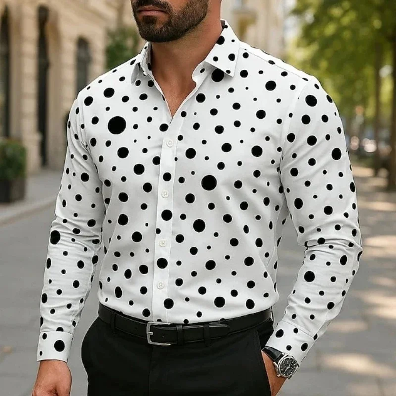 Men's 3D shirt with polka dot print, long-sleeved shirt, outdoor casual style, slim fit collared shirt, men's casual formal top