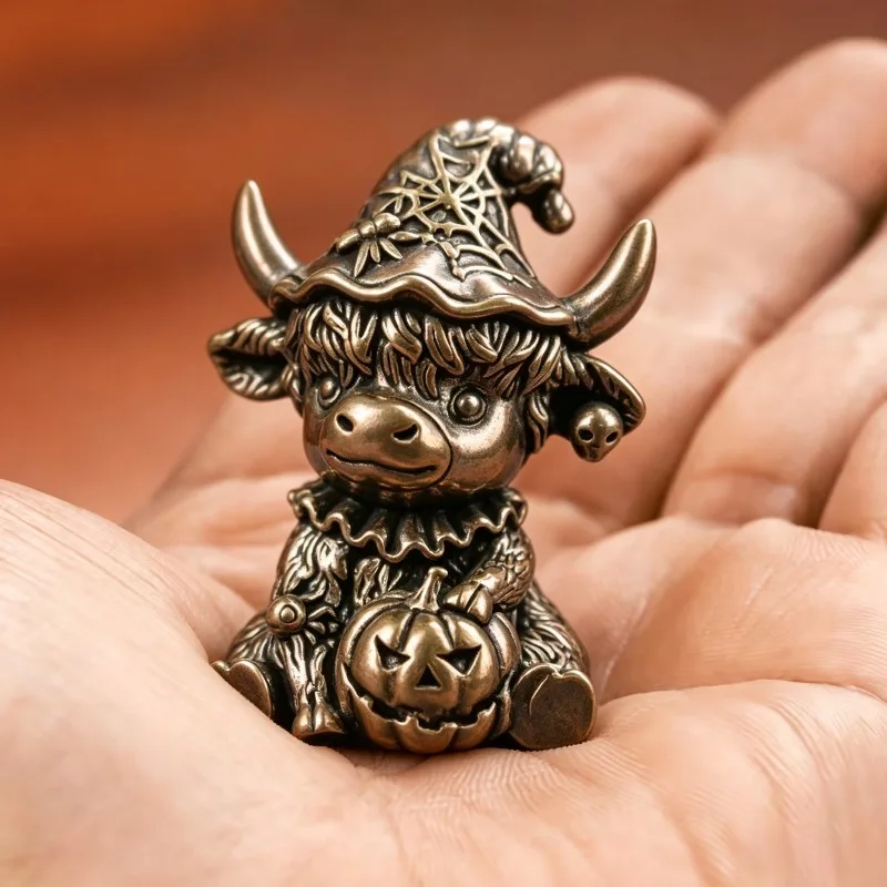 Brass Highland Cow With Pumpkin Head Mini Statue, Metal Home Office Desktop Bookshelf Craft For Halloween Collectible Figurines.