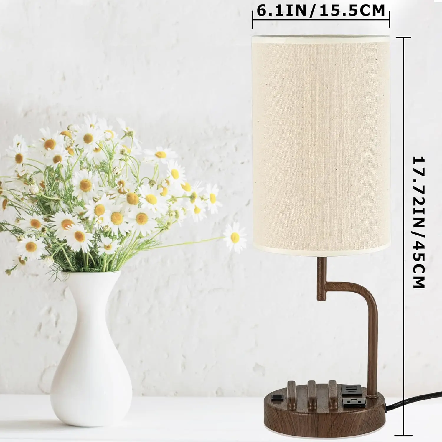 Moderne Schreibtischlampe mit 3 USB-Anschlüssen, Steckdosen und Telefonständer – perfekt für Schlafzimmer, Wohnzimmer, Büro (2er-Pack, Walnuss)