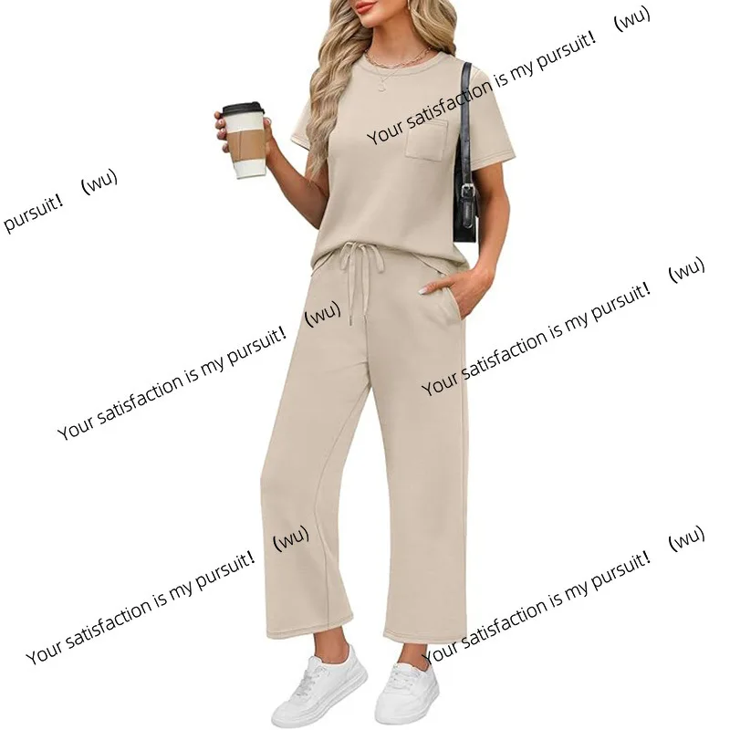 

2-Piece Women's Leisure Summer Travel Vacation Clothing Short Sleeve Wide Leg Pants Casual Suit Solid Color