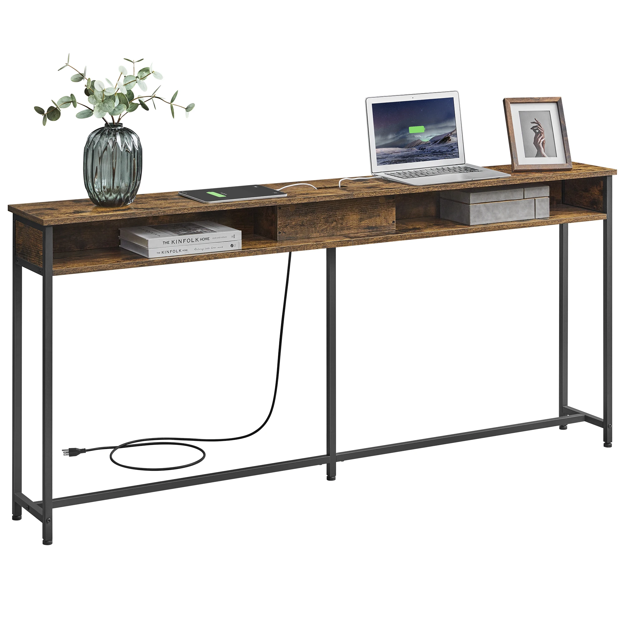 

VASAGLE 70.9-Inch Console Table with Outlet and Shelves, Sofa Table with Charging Station, Behind Couch Table Skinny