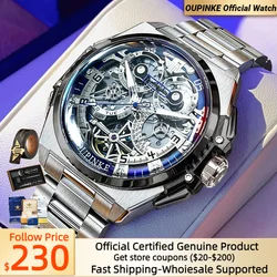 OUPINKE Men Watch Hollow Flywheel Dial Chronograph Date Year High Quality Tungsten steel Sapphire Mirror Mechanical Wrist watch