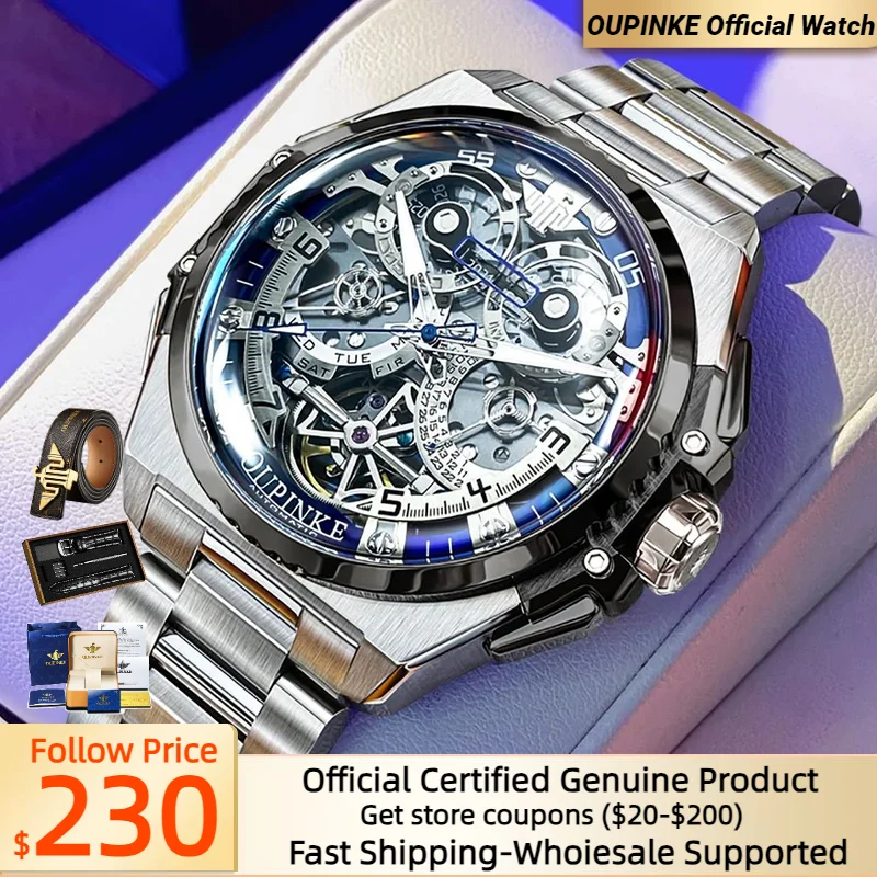 OUPINKE Men Watch Hollow Flywheel Dial Chronograph Date Year High Quality Tungsten steel Sapphire Mirror Mechanical Wrist watch