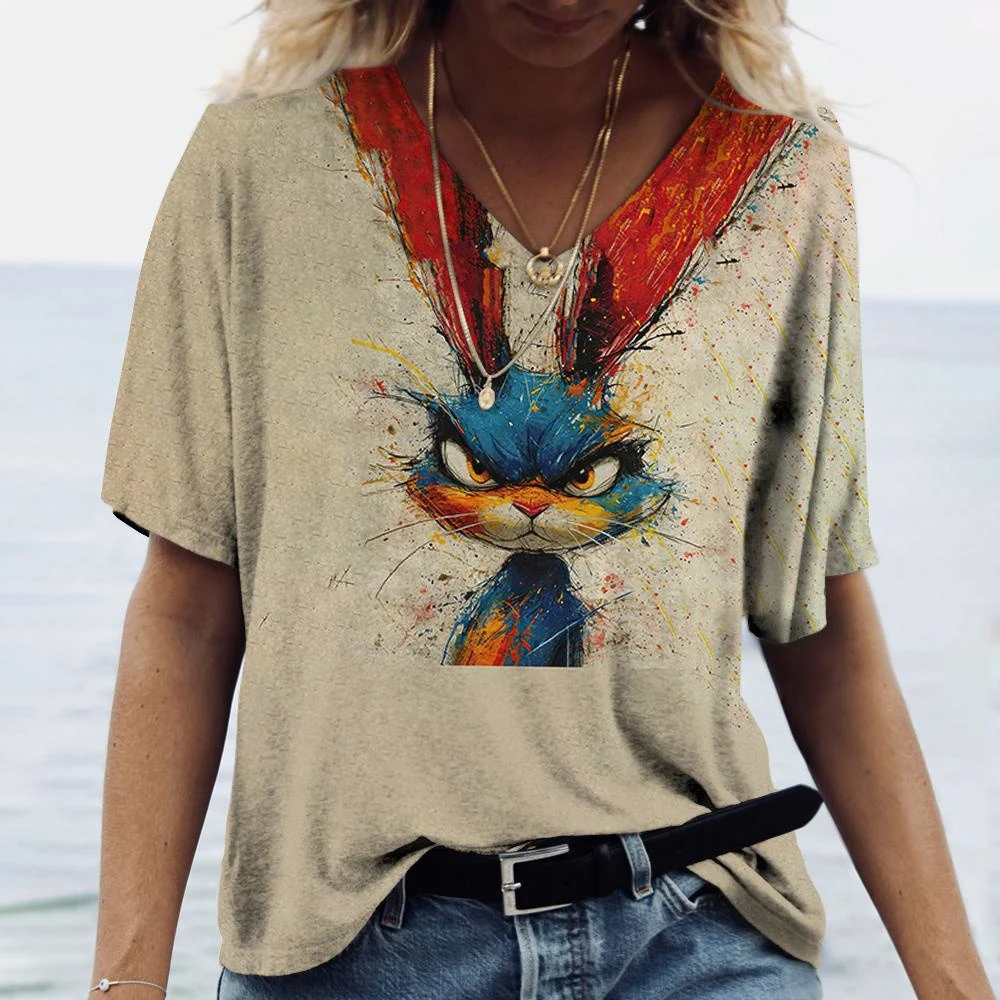 Women's T Shirt For Summer Animal Print Casual Short Sleeve Rabbit T-Shirts Female V-Neck Oversized Clothing Fashion Pullover