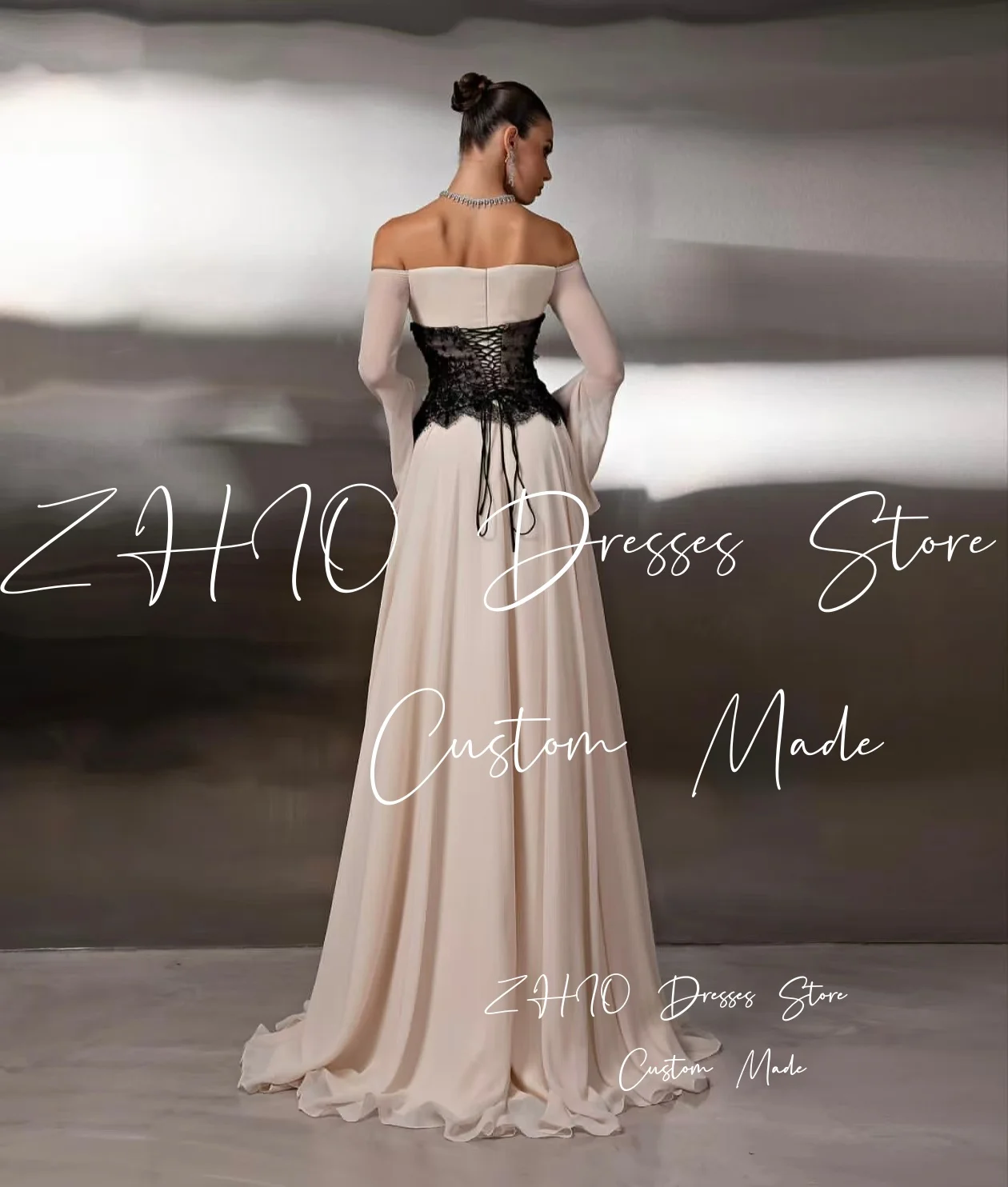 

ZHIO Роскошное вечернее платье с открытыми плечами и длинными рукавами, шифоновое платье со шлейфом и черным кружевом, вечернее платье для выпускного вечера на заказ