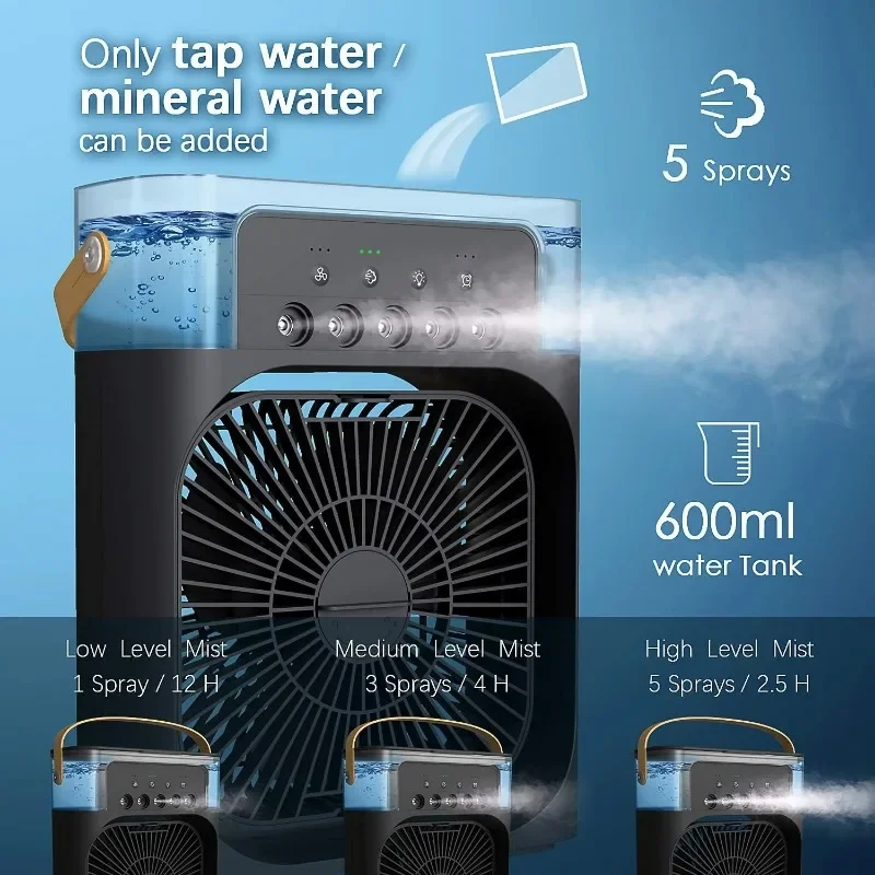 

Mini Fan Cooler Portable Air Conditioner Fan 1/2/3 H Timer 3 Wind Speeds and 3 Spray Modes for Desk Nightstand Coffee Table