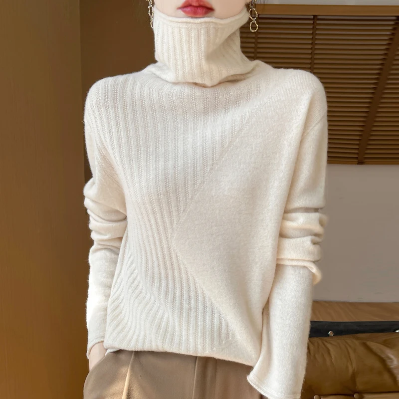 2024 autumn and winter new women's pure wool casual fashion pile collar rolled edge autumn and winter wool sweater