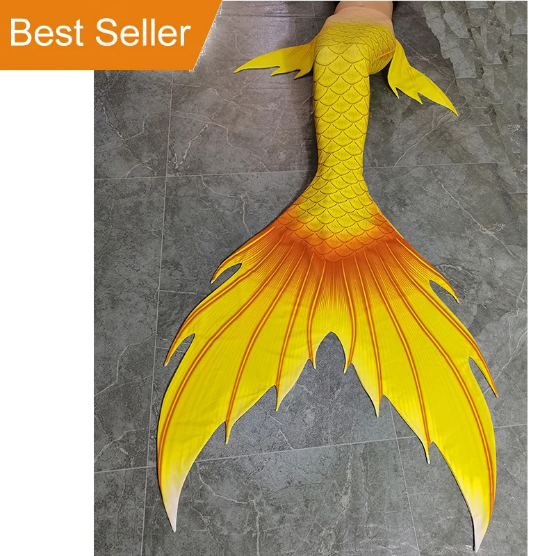 

YellowProfessional Large size adult children Kid size Mermaid fish Tail Skins With Rubber or Silicone Mermaid Flipper Bikini Top