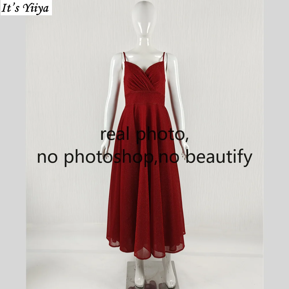 

It's Yiiya Real Photo Evening Dress Burgundy Shiny Sgaphetti Straps A-line Pleat Ankle-length Plus size Women Party Formal Gowns