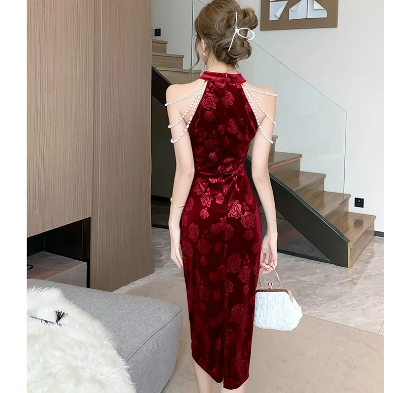 Gaun klub Midi antik untuk wanita gaun Bodycon ramping mutiara Jacquard bunga seksi selutut hitam Burgundy Vestidos De Fiesta