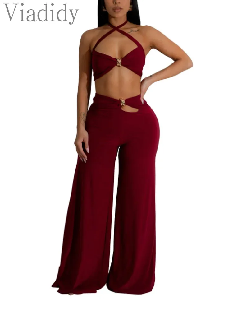 

Женский сексуальный комплект из двух предметов: бархатный топ-халтер однотонного цвета и брюки с высокой талией и широкими штанинами