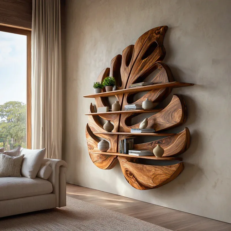 Solid wood carving, shape ledge, living room wall shelf, natural wind decorative storage rack