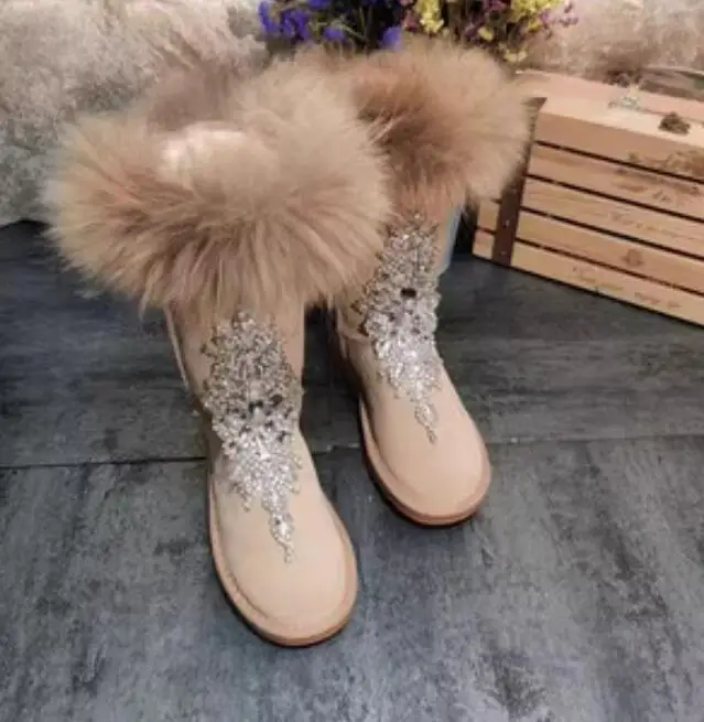 Fashion Real Raccoon Fur Diamond Crystal  Snow Boots Round Toe Warm Plush Thick Sole Women Winter Booties view 5