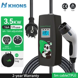 Khons Type2 3.5kw Electric Vehicle Charger Schuko Plug 16A EV Portable Charger EVSE Wallbox 5m TPU Cable For Electric Vehicle