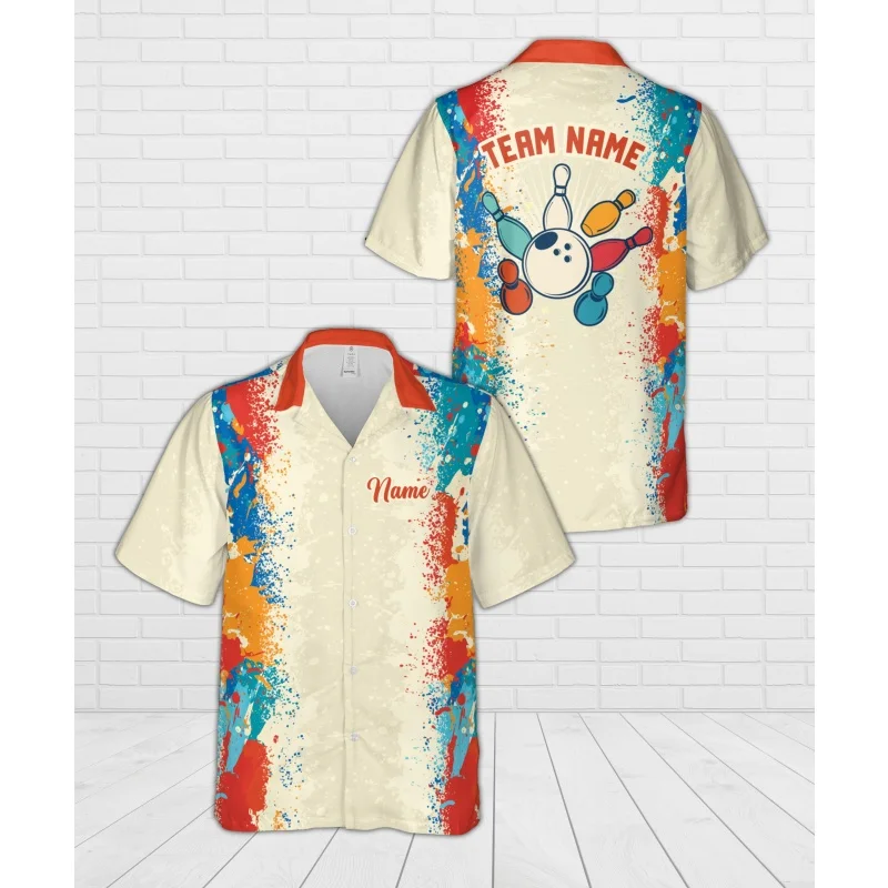 

Colorful Teams Uniform Bowling Hawaiian Shirt For Men 3D Print Customized Retro Bowling Summer Button Blouses Lapel Aloha Shirts