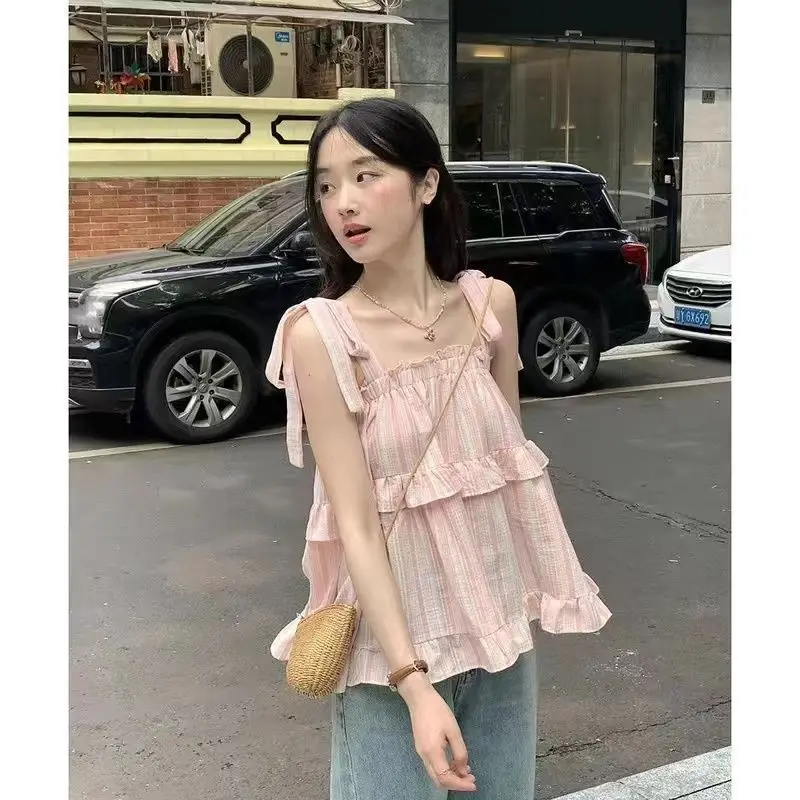 Striped Shirts and Blouses Korea Ruffles Fashion Woman Blouse 2024 Sleeveless Ladies Top Female Tie O-neck Casual Clothes 2024