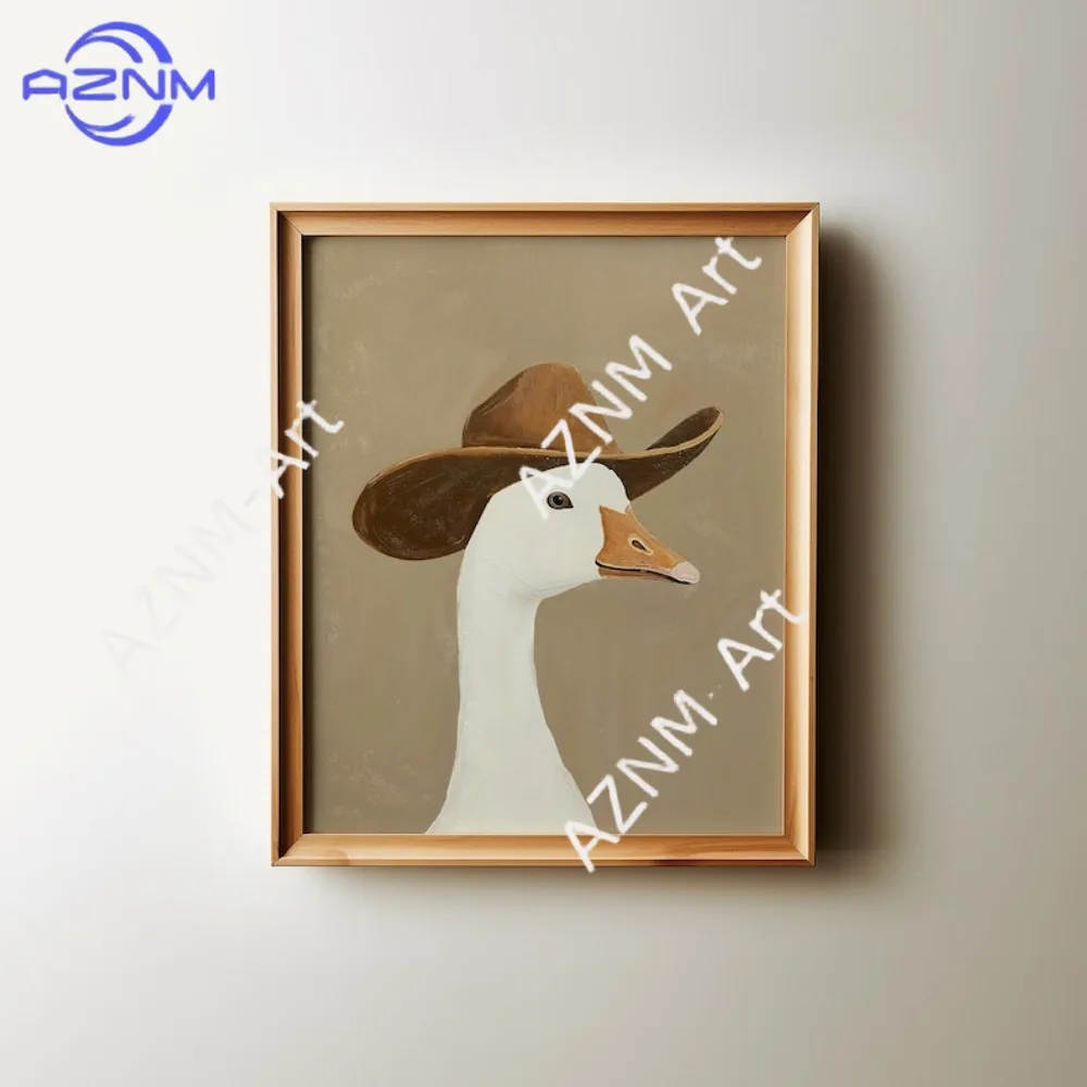 Lustige Cowboy-Gans, Brauner Cowboyhut, Western-Kinderzimmer-Kunst, Neutrale Tier-Wanddekoration für Jungenzimmer, Rahmenloses Leinwandgemälde