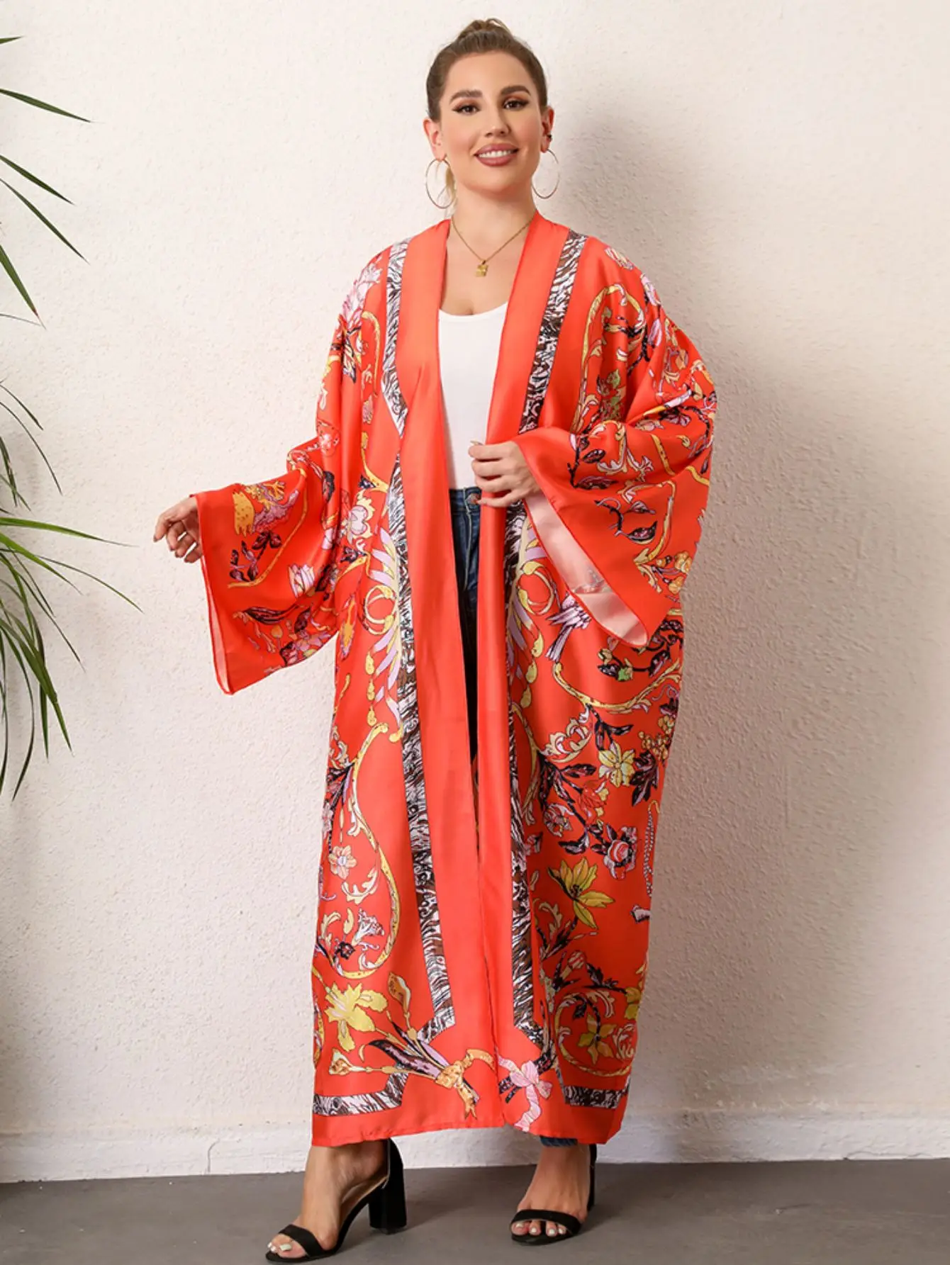 Plus rozmiar Boho Kimono damskie Plus tropikalny nadruk kontrastowe wiązanie z długim rękawem z przodu luźna Kimono plażowe