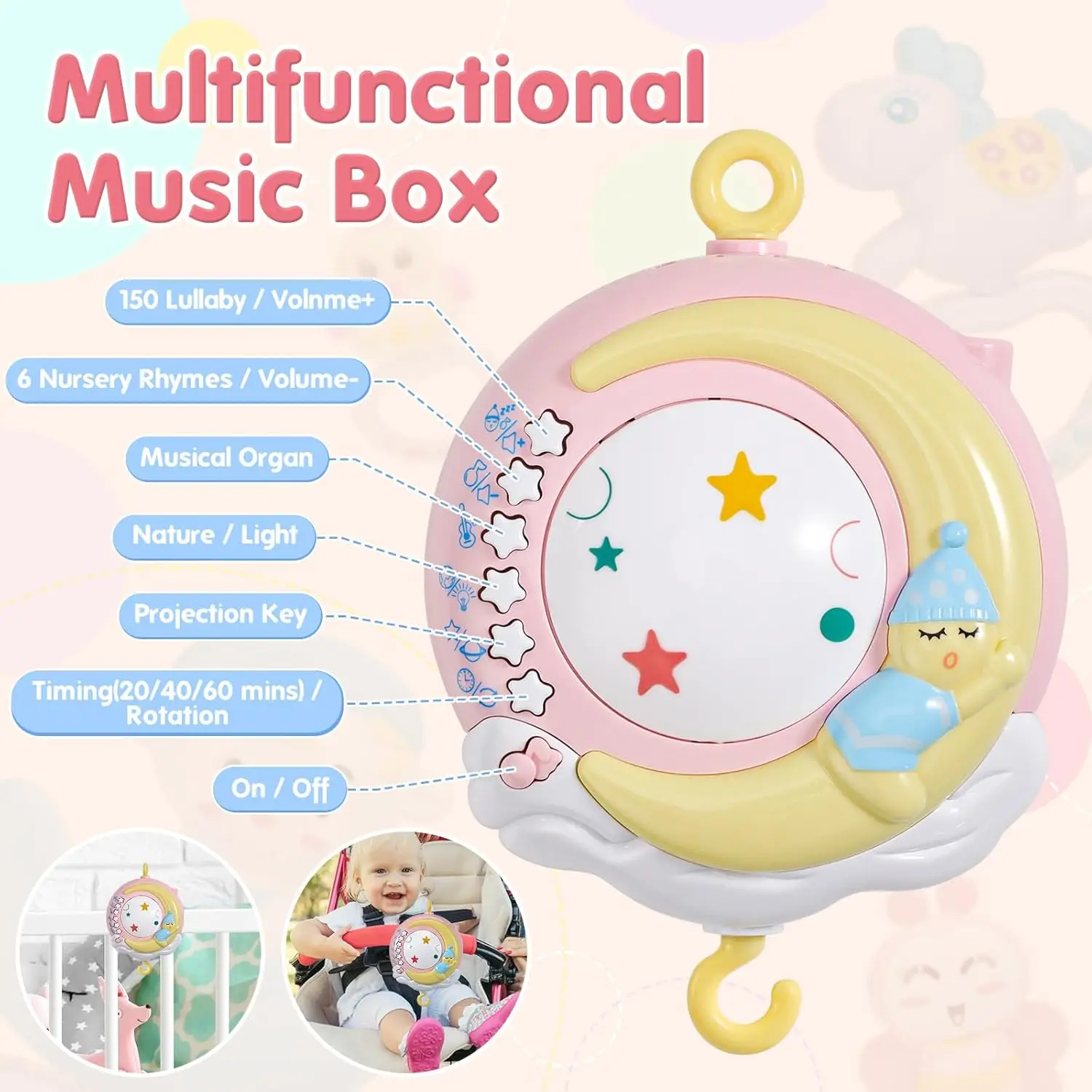 Musical Crib Mobile with Projector, Night Light & Timer - 150 Lullabies, Remote Control for Newborns