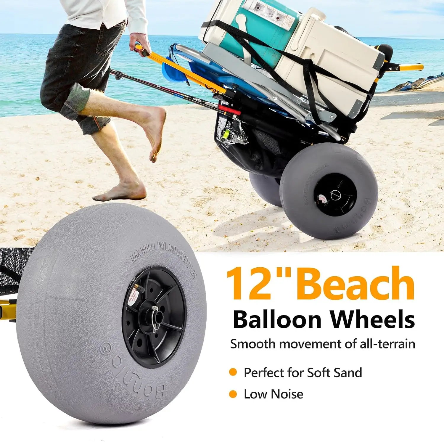 Bonnlo Beach Fishing Cart, Beach Wagon Trolley with 12" Big Balloon Wheels, Foldable, Orange, Aluminum Frame & Handle, 23" x 15" Cargo Deck, Fishing Rods & Water Bottle Holders, Mesh Bag, Hand Pump view 5