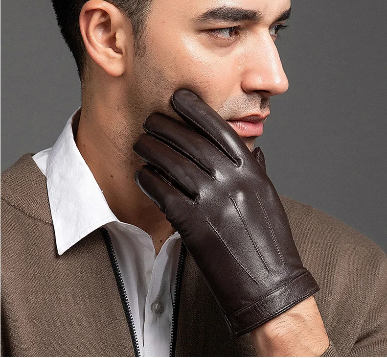 New 2022 Spring Gloves Men Real Leather Gloves Touch Screen Black Real Sheepskin Thin Warm Driving Gloves