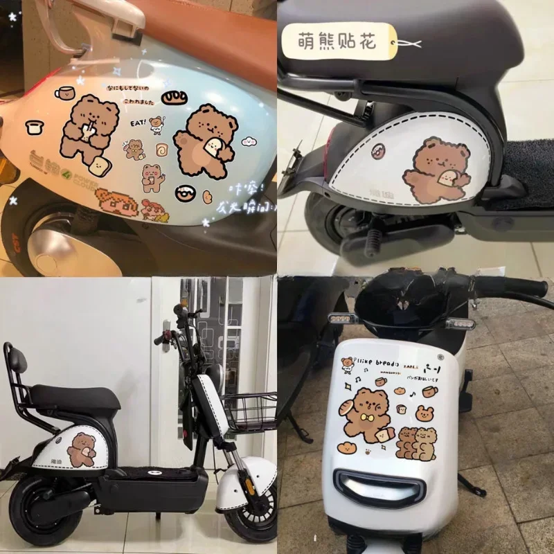 Adesivos bonitos dos desenhos animados para veículo elétrico, urso e pão paster para motocicleta, impermeável e resistente a riscos