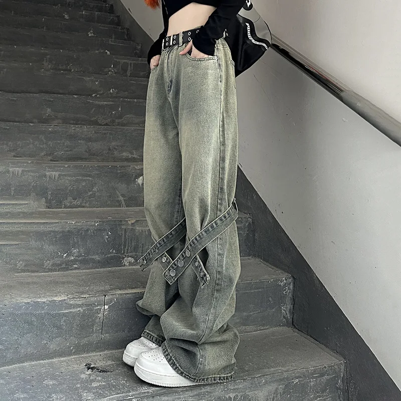 Women Retro Strap Trend Version Jeans Female American Style Loose Wide-leg High Waist Cargo Pants Y2k Women\'s Baggy Trousers